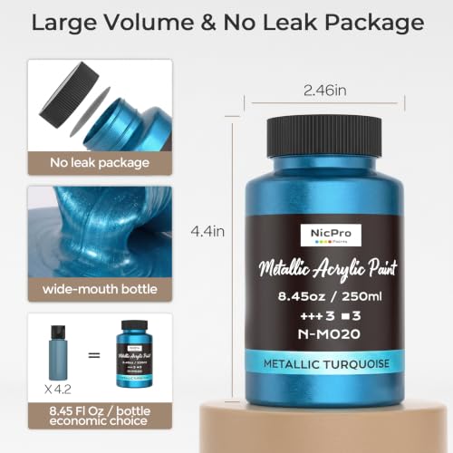 Image of Nicpro Metallic Turquoise Acrylic Paint, 8.45oz /250ml Blue Craft Paint