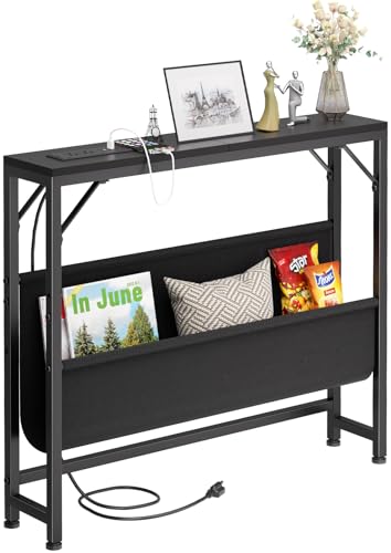 Asgolion 31.5'' Small Console Table With Charging Station And Storage, Entryway Table Narrow With Power Outlets And Usb Ports, Skinny Sofa Table, For Living Room, Foyer, Entryway, Hallway, Black