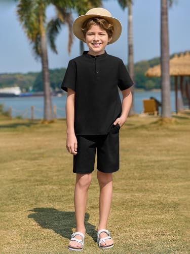 Image of Haloumoning Boys 2 Piece Cotton Set Kids Casual Henley Shirts Short Sleeve Beach Shorts Summer Outfits 5-14 Years