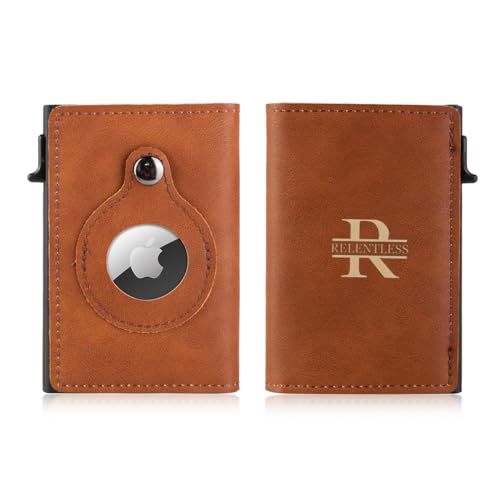 Nobelook Personalized Airtag Wallet for Men Custom Monogarm Name RFID Mens Wallet Card Holder for Air Tag with Money Clip Minimalist Pocket Wallet Gift for Father Boyfriend Husband (Caramel Colour)