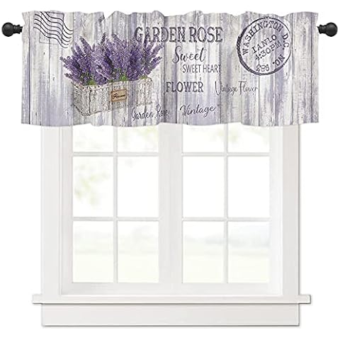 Purple Lavender Flowers in Flowerpot Curtain Valance for Windows/Living Room/Kitchen/Bathroom/Farmhouse, Vintage Stamp Wooden Texture Short Rod Pocket Tier Curtain Window Treatment, 1 Panel 54x18 Cover