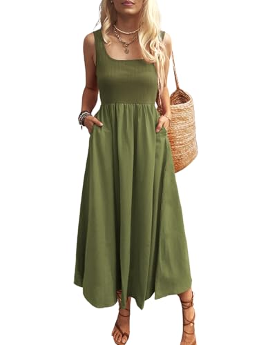 Image of Mieazom Women's Maxi Dress Summer Sleeveless Swing Sundress Casual Loose Tank Long Dresses with Pockets Army Green S