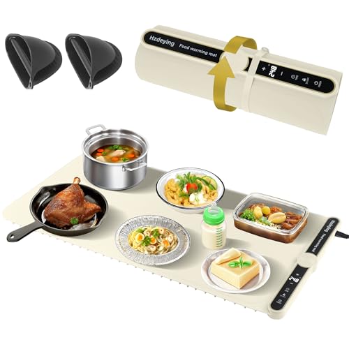 Food Warming Mat – Portable Electric Heating Pad with 9 Temperature Levels, Fast Heating Silicone Tray with Raised Feet, Roll-Up Buffet Heat Plate for Parties, Home & Travel Use (Beige)