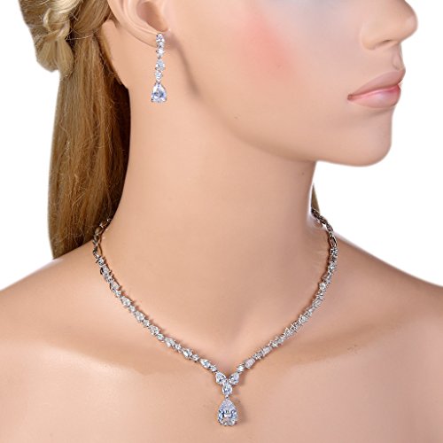 EVER FAITH Gorgeous Cubic Zirconia Charming Water Drop Bridal Bride Necklace Earrings Set Silver-Tone2
