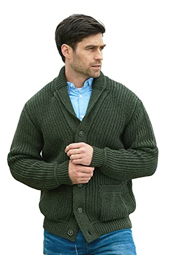 Aran Crafts Irish Men's Ribbed Shawl Cardigan, 100% Merino Wool, Authentic & Traditional Feel, Classic Sweater-Style Knit Designs, Made in Ireland. (SH4627-LG-AGRE) Army Green