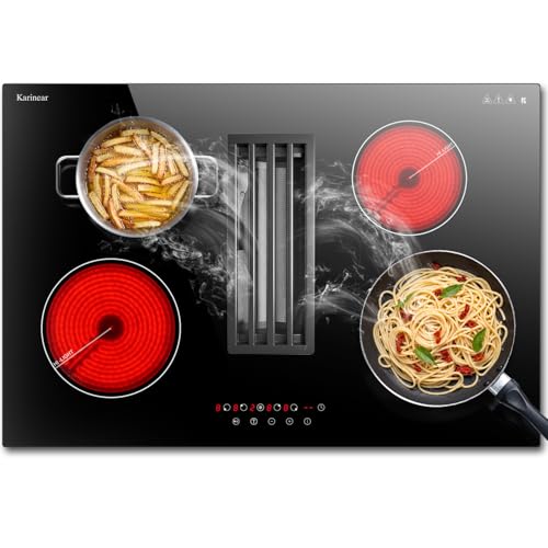 Karinear 30 Inch Electric Cooktop with Downdraft Range Hood, 4