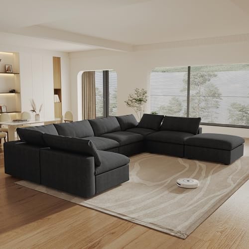 Image of 160 inch Cloud Couch Modular Sectional Sofa for Livingroom,Oversized Convertible Sofa with Storage Ottomans,7 Seat Wide Couches,Cushion Covers Removable,Black