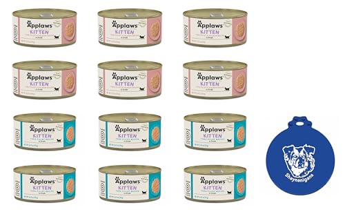 Applaws Canned Wet Kitten Food in 2 Flavors: 6 Tuna Fillet in Broth and 6 Tuna with Salmon in Broth (12 Cans Total, 2.47 Ounces Each) Plus Silicone Lid