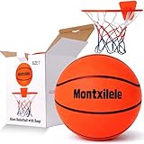 Montxilele Indoor Silent Basketball Size 7 with Hoop (29.5") – Airless Foam Ball for Quiet Indoor Dribbling, Ships Uncompressed, Foldable Wall-Mounted Hoop with Adhesive Mount, No Drilling