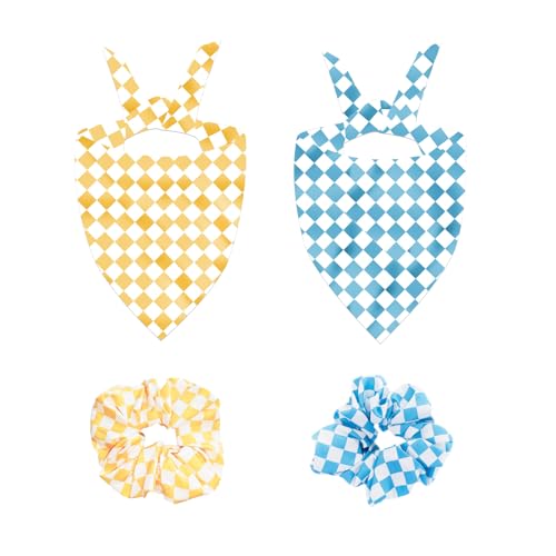 X-Large Dog Bandana and Hair Scrunchies Set, Blue Yellow Plaid Pet Scarf Bibs for Medium Large Dogs Girl Boy, Matching Dog and Owner Bandana Hair tie Combo