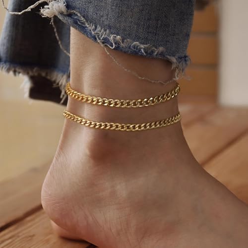 Image of Ritach Ankle Bracelets for Women - Silver /Gold Plated Stainless Steel Anklets for Women Waterproof Layered Cuban Link Figaro Chain Heart Anklets Set Summer Beach Jewelry Gifts