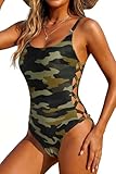 Tempt Me Women Green Camouflage One Piece Swimsuit - Sexy Crisscross Bathing Suit Lace Up Slimming High Cut Swimwear S