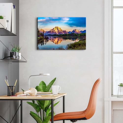 Image of Snowy Mountain Canvas Wall Art for Living Room Decor Nature Sunset Landscape Wall Paintings American Grand Teton National Park Panoramic Photography Pictures Prints Artwork Bedroom Decoration 16x24 inch