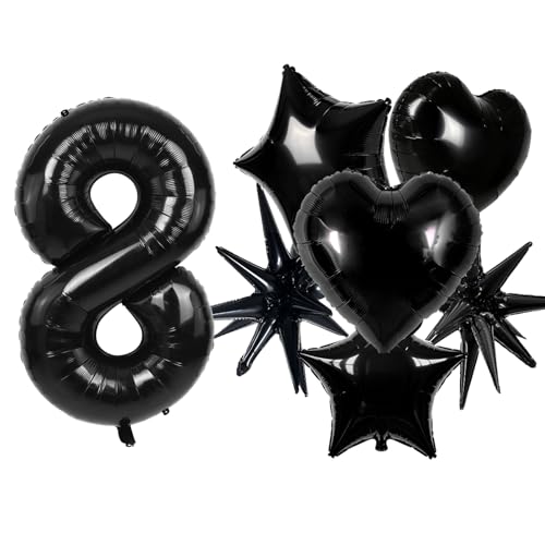 Image of TONIFUL 8th Birthday Balloons Kit 40 Inch Black Large Number 8 Foil Balloon | with 18Inch Helium Mylar Heart Star Balloons for Kids Women Men Birthday Anniversary Graduation New Year Eve Party Decoration