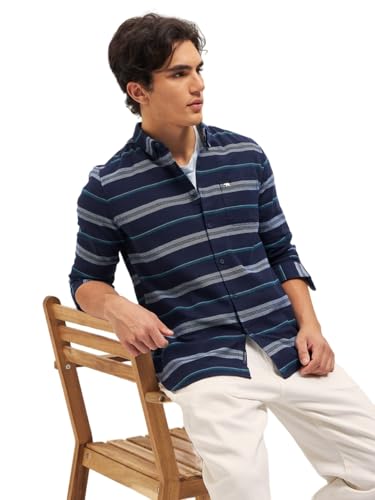 Image of THE BEAR HOUSE Men's Cotton Striped Slim Fit Casual Shirt