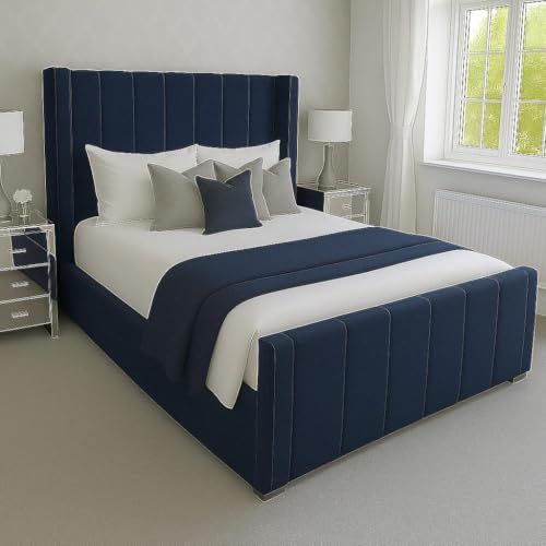 Innovative Luxury Chesterfield Wiinged Bed Frame - Upholstered in Plush Velvet with Mattress/Gas Lift Options - UK Made (Navy Blue Plush, King size 5ft Bed Frame)