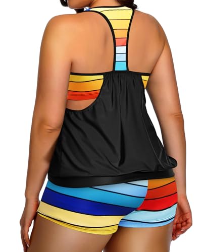 Image of Womens Plus Size Tankini Swimsuit Two Piece Tummy Control Bathing Suit | Blouson Racerback Tankini Top with Shorts, Double Up Design, Removable Pad