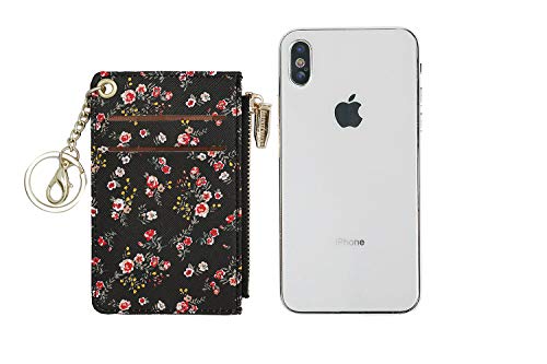 Prometheism Small Wallets For Women Slim Leather Card Case Holder Wallet Coin Change Purse With Keychain (Black Floral) #TOP3