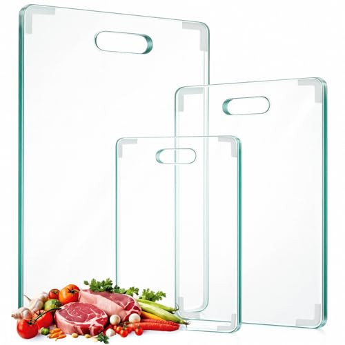 Set de 3 tablas de cortar de vidrio templado con mango y patas antideslizantes miniatura 1