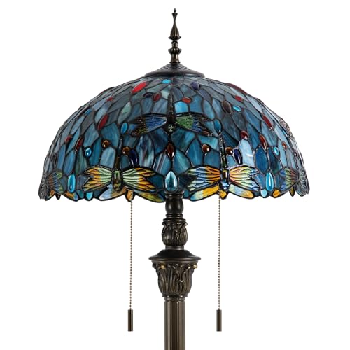 Image of Tiffany Style Floor Lamp, 16 inch Stained Glass Dragonfly Shade with Antique Bronze Base, 2-Light E26 Pull Chain Standing Reading Light for Living Room, Bedroom, UL Listed, 16x16x64 Inches