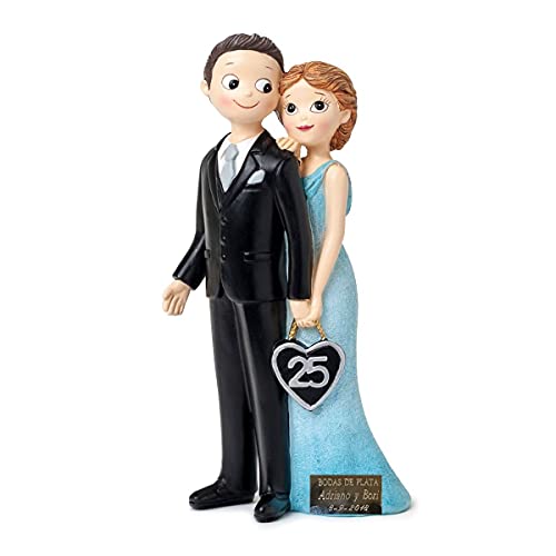 Curia Grabador - Figura 25 Aniversario de Boda Personalizada - Regalo aniversario bodas de plata - Placa conmemoriativa personalizada incluida - Figura tarta 25 aniversario