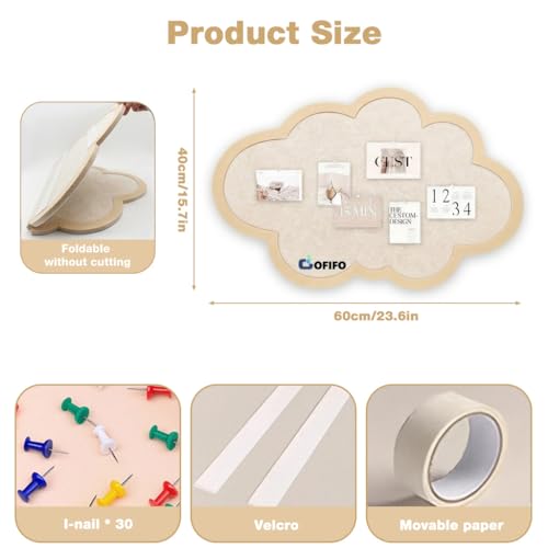 Image of Cute Cloud Felt Bulletin Board for Wall, Self-Adhesive Pin Board with 30 Pushpins, Message Display Board for Notes Photos Office Home Decor (Beige)