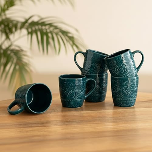 Image of ExclusiveLane 'Teal Forest' Ceramic Coffee Mugs Set of 6 (Set of 6, Each Mug : 180 ml, Microwave & Dishwasher Safe, Hand-Glazed) | Ceramic Mugs for Coffee Cup Tea Mug & Cup Mugs for Milk