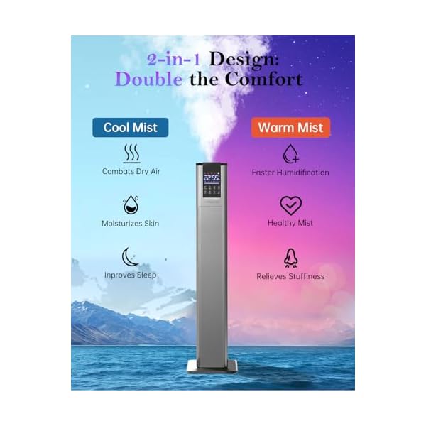 Yokekon cool and warm mist humidifier large room 34gal whole house humidifiers for home bedroom1000 sq ft top fill 3 mist modes 12h timer aroma box baby yoga plants silver  urban country home decor