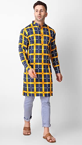SKAVIJ Men's Printed Checkered Cotton Tunic Casual Kurta Shirt Great (Navy Gold, Large)2