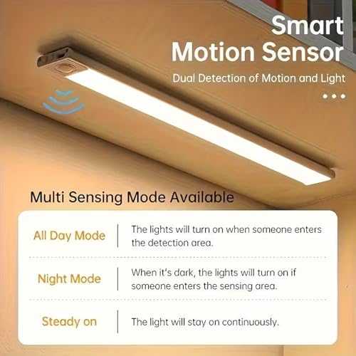 Image of Under Cabinet Lights Rechargeable, Motion Sensor Under Cabinet LED Light, 3 Color Modes Wireless Rechargeable Closet Light, Super Bright Stick-On Light Bars for Kitchen (20 CM)