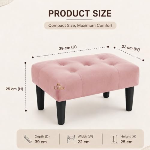 Image of Upholstered Foot Rest Ottoman Stool with Wooden Legs, Tufted Footstool for Living Room, Bedroom, Makeup Vanity, Entryway, Comfortable Footrest Bench, Modern Accent Ottoman (Pink)