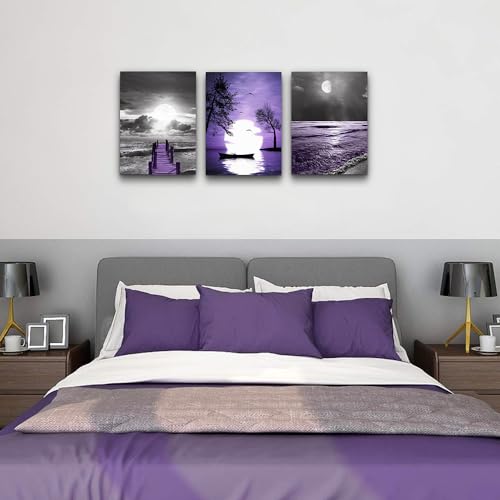 DZRWUBHS Frame Wall Decor For Living Room Inspiration Canvas Wall Art For Bedroom Office Decorations Black And White Wall Pictures Artwork Purple ocean Landscape Painting Modern Large Home Decor