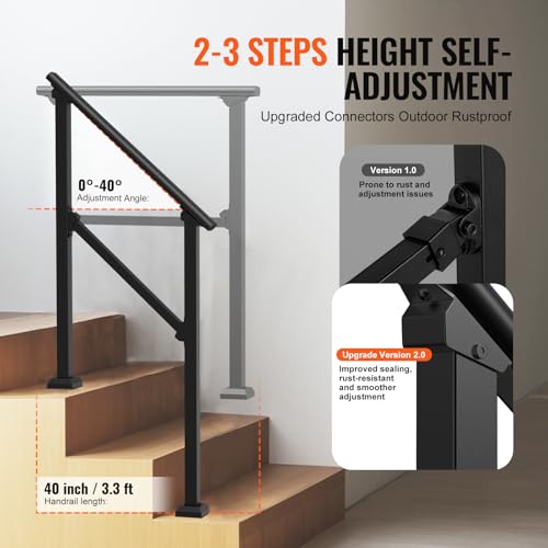 VEVOR Handrails for Outdoor Steps, 2 PCS 2-3 Step Stair Hand Rail Kit, Transitional Carbon Steel Railings with Installation Kit, Stair Rails for Seniors, Concrete & Porch & Deck, Black Square Tube by VEVOR - Image 3