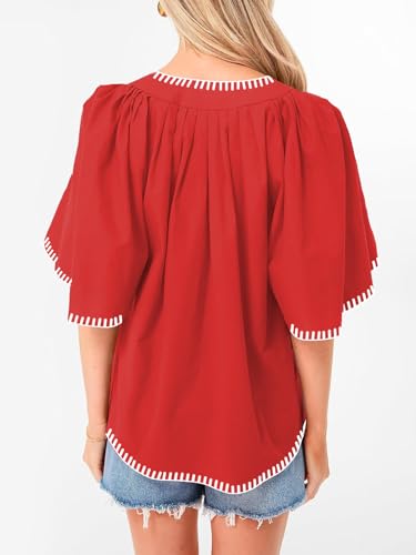 HOULENGS Women's Casual Ruffle Short Sleeve Tops 2025 Summer V Neck Pleated Blouses Loose Business Work Shirts3