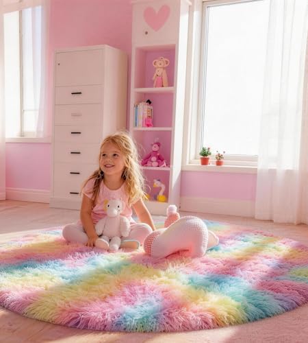 VOFUSHON Tapis Rond 100 CM Arc-en-Ciel Tapis Chambre Fille Lavable Antidérapant Ultra-Doux Moelleux Grand