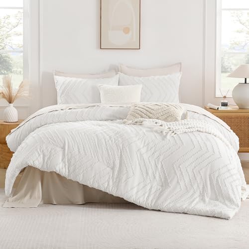 Image of Andency White Oversized Super King Plus Comforter Set 128x120, Extra Large King Size Comforter Oversize Boho Soft Warm Bedding Comforter Sets, 3 Pieces Aesthetic Chevron Textured Bedding