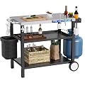 SKOK Stainless Steel Outdoor Grill Table, 34" L x 20" W Grill Cart for Outside, Pizza Oven Table Stand with Magnetic Tool Holder, Wheels,Hooks, Side Tray &Handle
