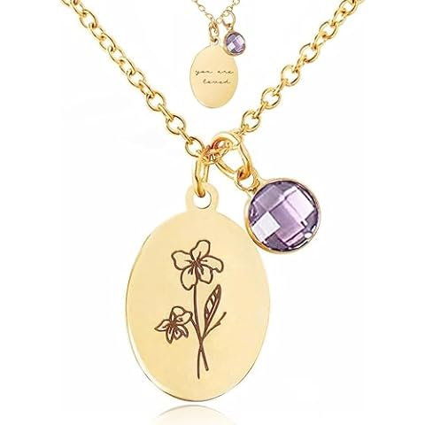 JIURUN Birth Flower Necklace for Women,18K Gold Plated Dainty Birthstone Pendant Handmade Necklaces Personalized Floral Pendant Birthday Gifts Mothers Day Valentines Day Gift For Women (Feb-Amethyst) Cover