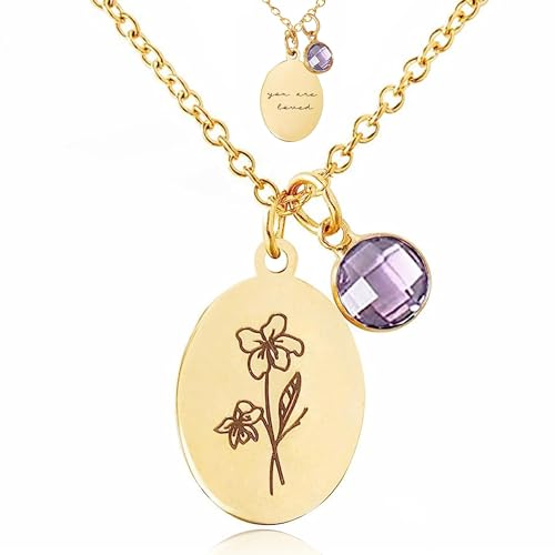JIURUN Birth Flower Necklace for Women,18K Gold Plated Dainty Birthstone Pendant Handmade Necklaces...