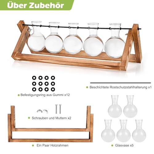Vintage Kleine Vasen für Tischdeko, Hyindoor Propagation Station, Blumenvase Glasvase mit Holzständer, Kleine Vasen Vintage Glas Reagenzgläser für Hause Büro Wohnzimmer – Bild 5