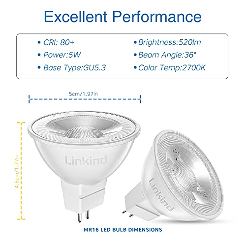 Linkind GU5.3 MR16 LED 5W Lampe 12V, 50 Watt ersetzt, 2700K Warmweiß 36° Abstrahlwinkel LED Spot MR16, 520Lm AC/DC… – Bild 3