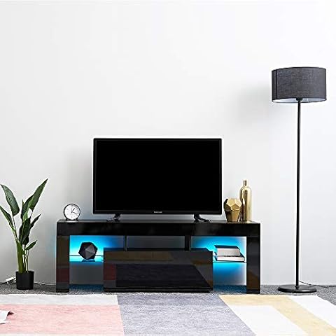 Britoniture Modern LED TV Stand Unit Cabinet with LED Lights Living Room Furniture 130cm Black Cover