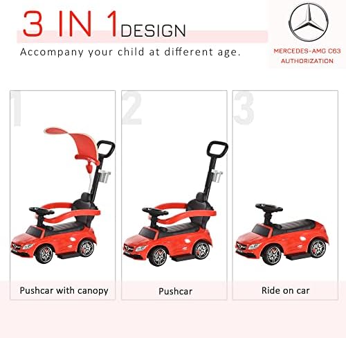 HOMCOM Compatible for 3 in 1 Ride on Push Car for Toddlers Pushcar Sliding Walking Car with Sun Canopy Horn Sound Safety Bar Cup Holder Toy for 1-3 Years Old Kids Red