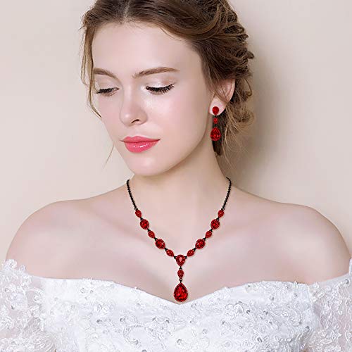 Elequeen Women's Cubic Zirconia Teardrop Y-Necklaces Dangle Earrings Sets For Brides Bridesmaids Ruby Black-Tone #TOP1