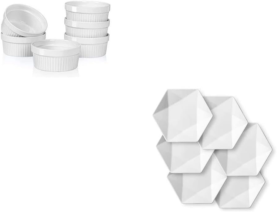 Delling Ramekins Set & Dessert Plates Set, Ceramic 6.4in White Serving Plates/Appetizer Plates/Salad Plate- Dinnerware Dishes Set