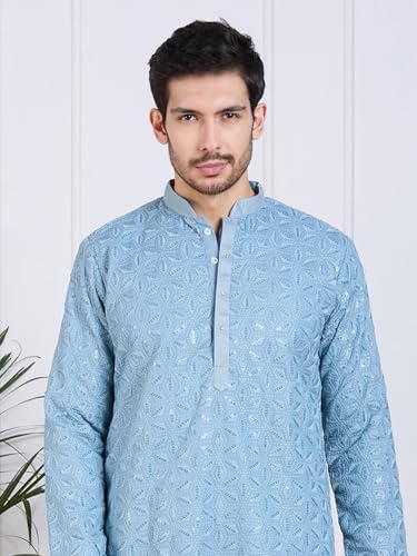 Image of Rajubhai Hargovindas Men Pure Cotton Chikankari Embroidered Straight Kurta