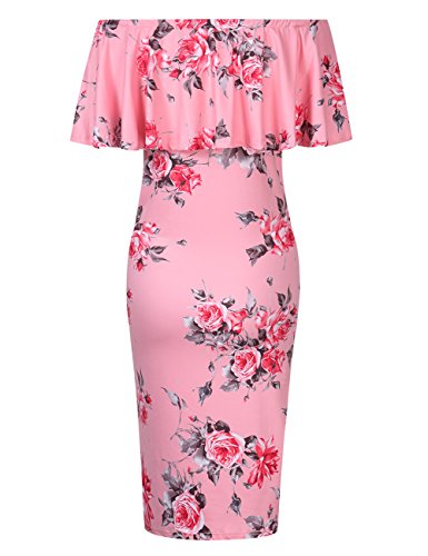 Coolmee Women's Maternity Dress Off Shoulder Casual Maxi Dress (L, Pink Flowers) #TOP3