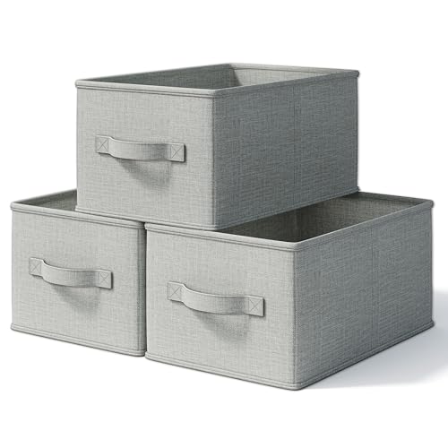 Image of LayerSpace 3 Pack Fabric Storage Bins for Shelves | 14.75x10.25x8.25 in Storage Baskets | Fabric Closet Organizers with Handles Home Organization | Linen Clothes Storage Bins | Light Gray