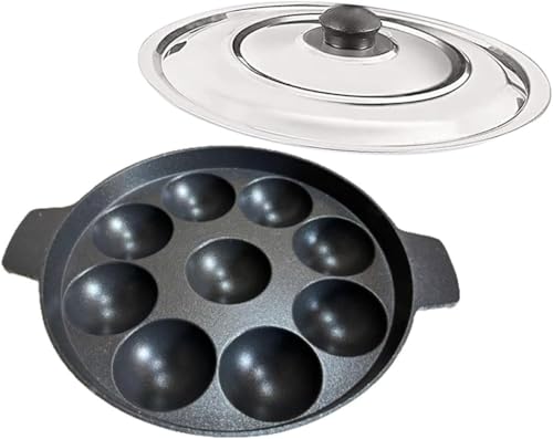 Sahishnu Online & Marketing 9 Cavity Induction Base Appam Pan with Steel Lid, Appam Maker, 9 Pits Appam Maker With Steel Lid