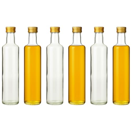 gouveo Juego de 6 botellas de vidrio Dorica de 500 ml con tapón de rosca PP 31,5 dorado - Botellas de aceite, vinagreras, licoreras, vacías para autollenado (DFT500G)